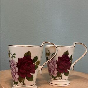 Rose Patterned Ceramic Mugs - Set of 2